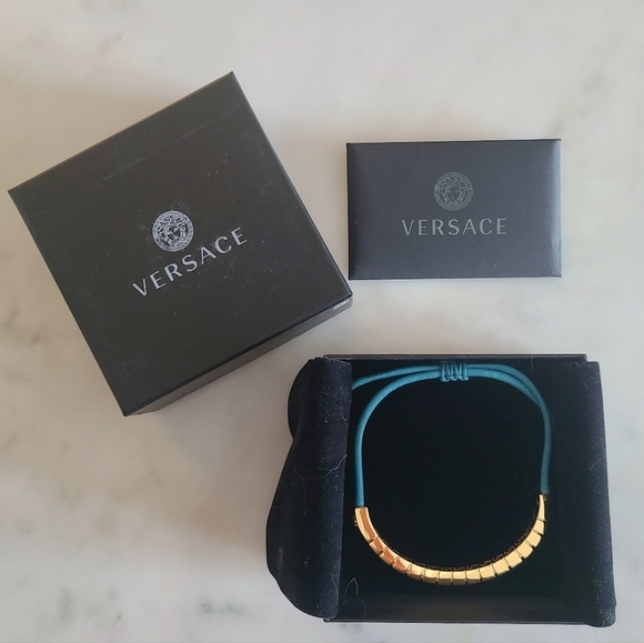 Versace Greca Slide Bracelet, Adjustable, Blue | Goldtone, NIB - Picture 5 of 15